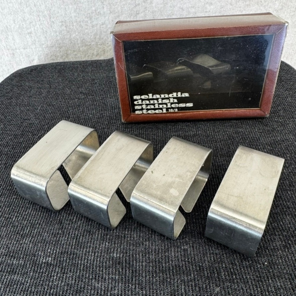Selandia Danish Stainless Steel Napkin Rings Set of 4 Vintage MCM Geometric 18/8